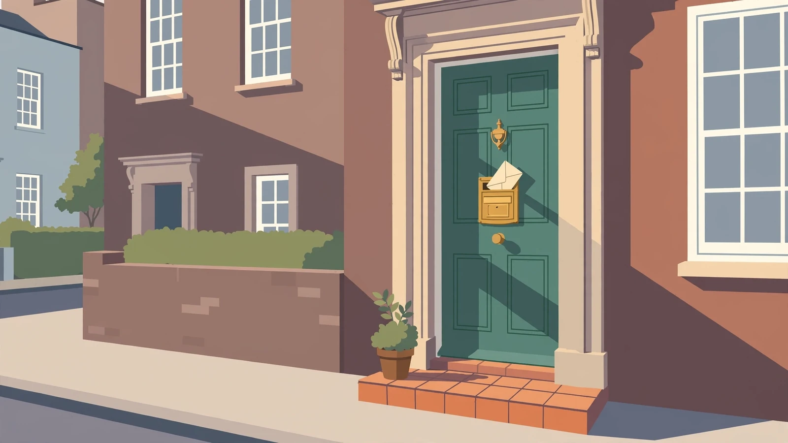 Cream envelope in a brass letterbox of a Georgian townhouse door.