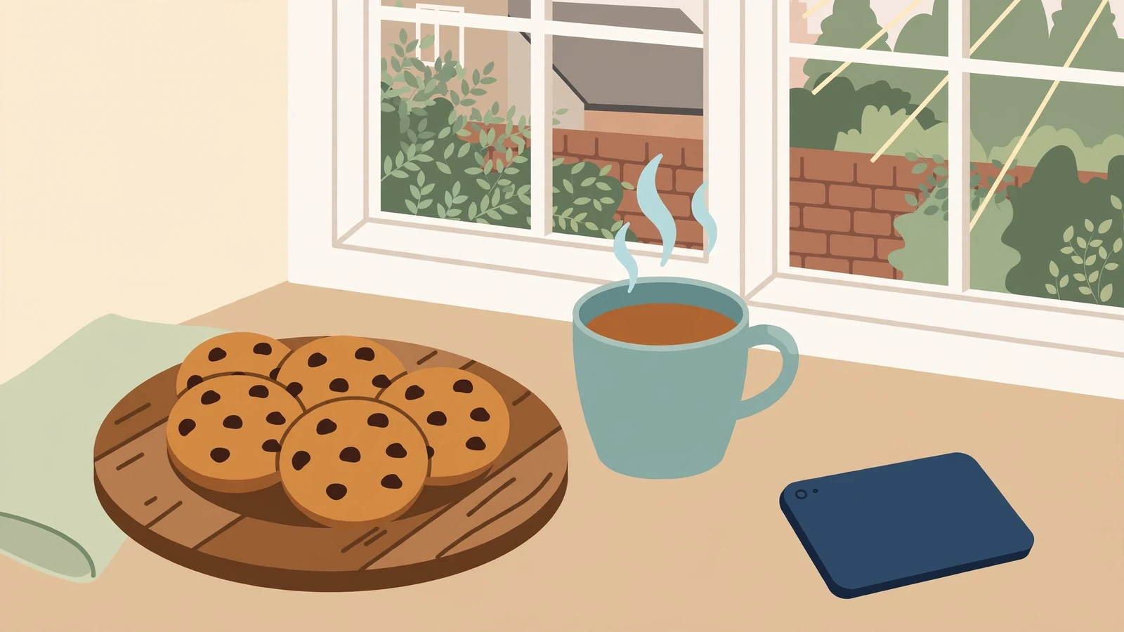 Chocolate chip cookies on a wooden plate with tea and a tablet