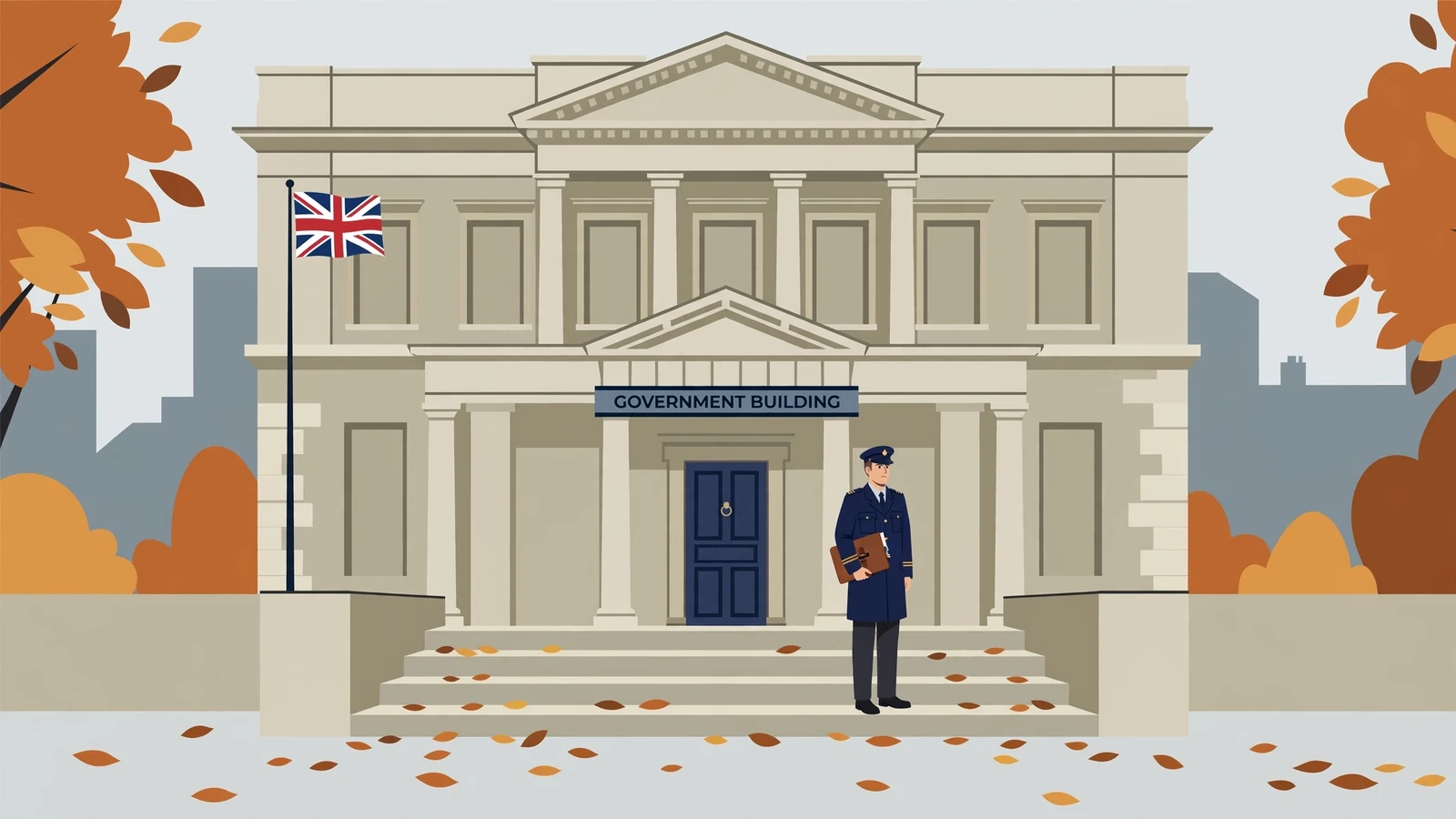 British government building exterior with an official holding a folder near the entrance.