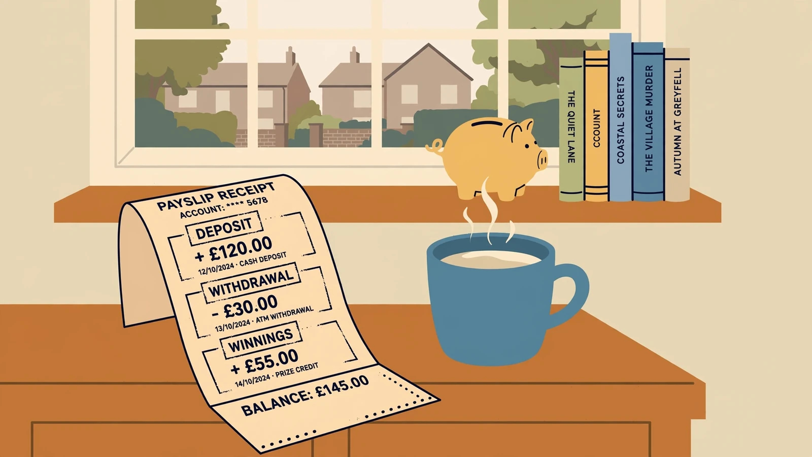 Folded receipt on a side table next to a mug of tea and a piggy bank.