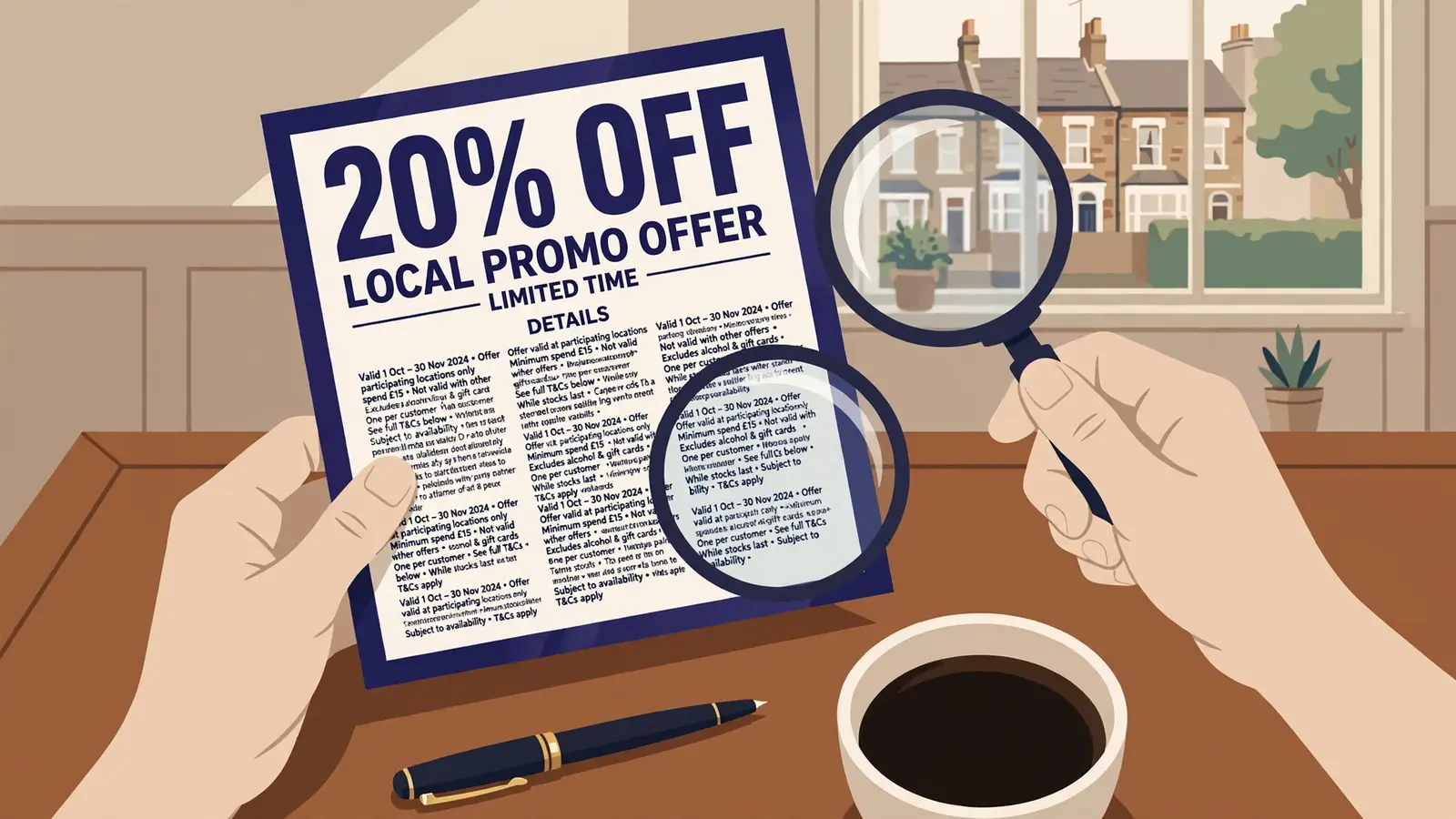 Hands holding a promotional flyer and a magnifier over its small-print terms.