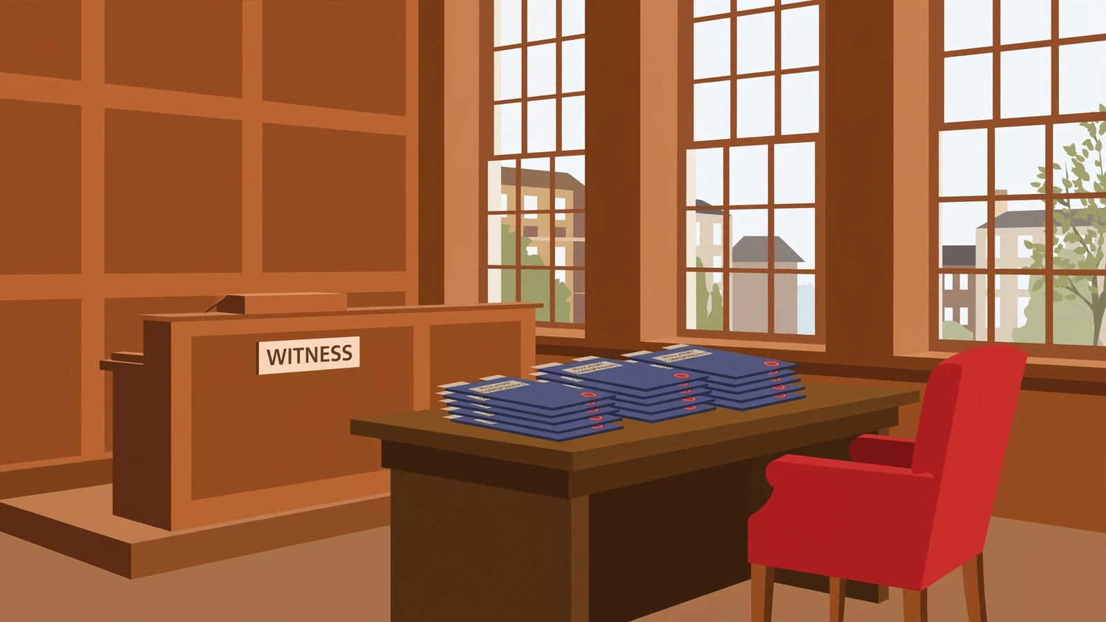 Empty courtroom interior with regulatory folders on a wooden table.