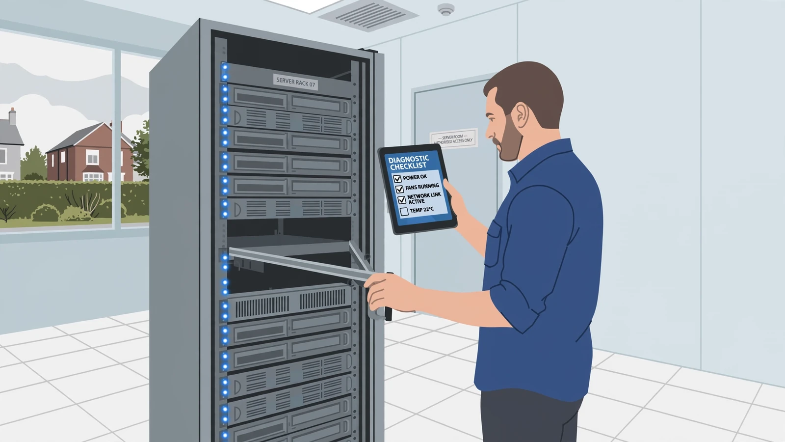 Technician inspecting server hardware in a data centre with a diagnostic tablet.