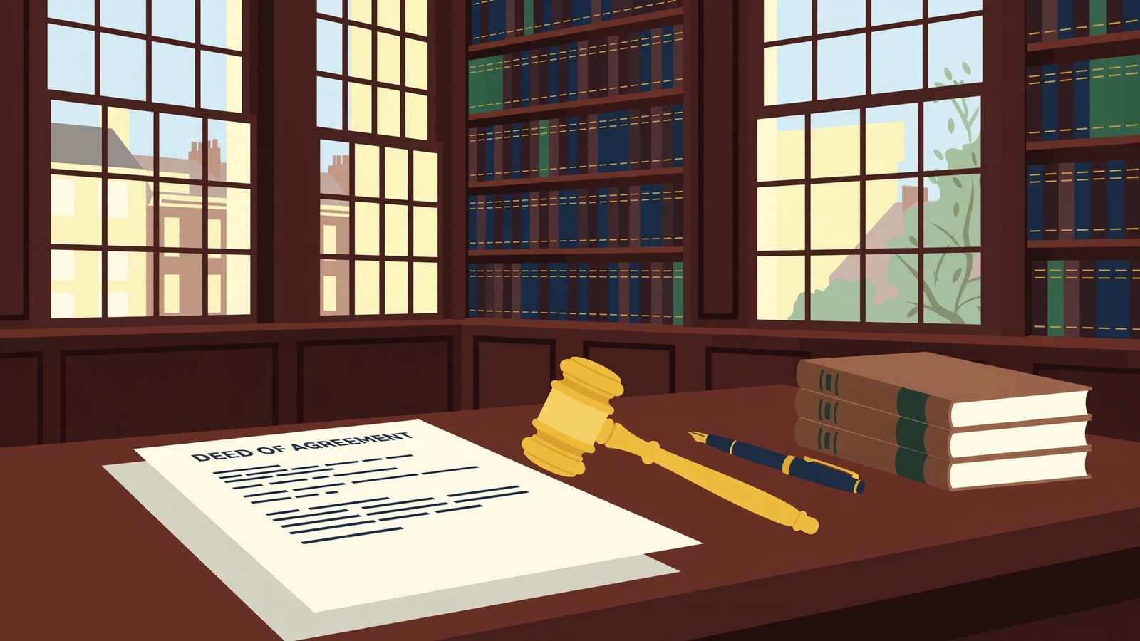 Legal gavel, fountain pen, and bound documents on a wooden desk in a London solicitor's office.