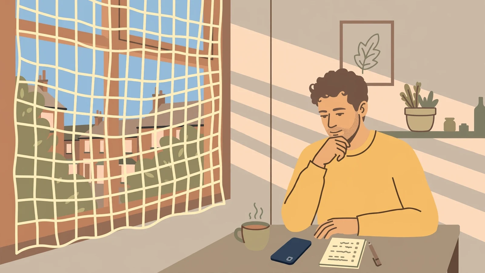 Young adult at a kitchen table with a phone placed face-down, reflecting in calm British home interior.