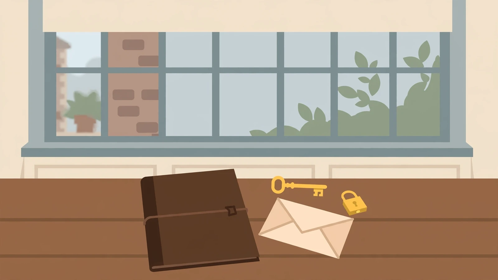 Notebook, key, letter, and padlock on a wooden desk in soft daylight.