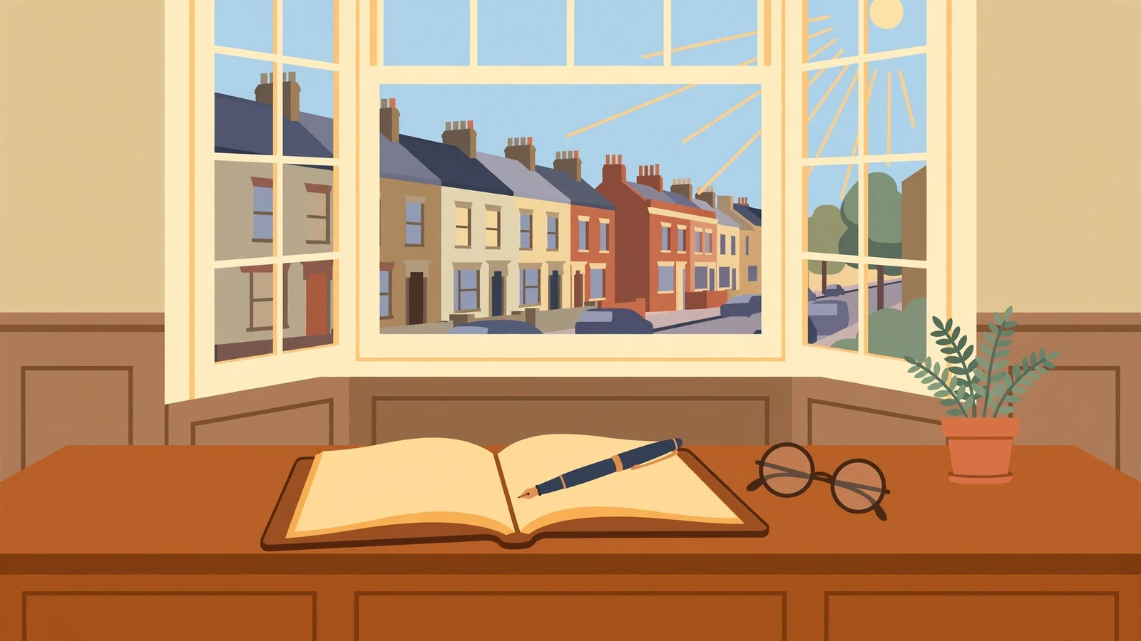 Fountain pen and open notebook on a wooden desk in a sunlit British study.